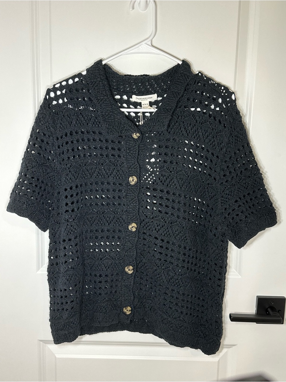 beachlunchlounge Black Open-Knit Button Front Short Sleeve Cardigan